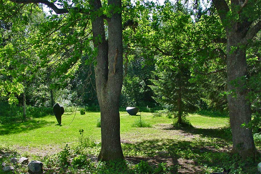 Cor-ten steel sculptures exhibited on the clearing (seen to the lake in the west).